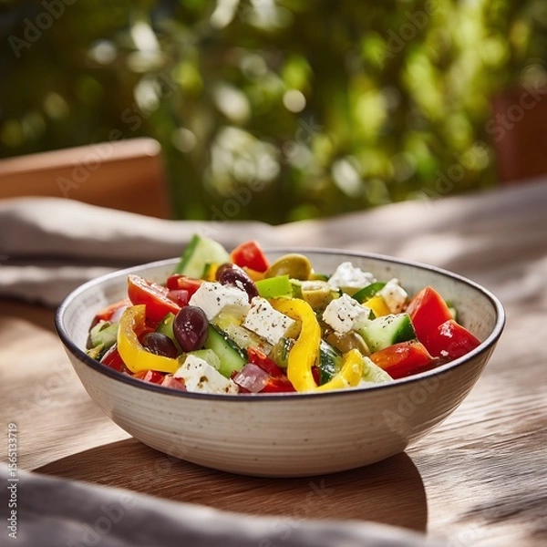 Obraz Fresh vegetable salad served in a bowl on a wooden table outdoors during daylight