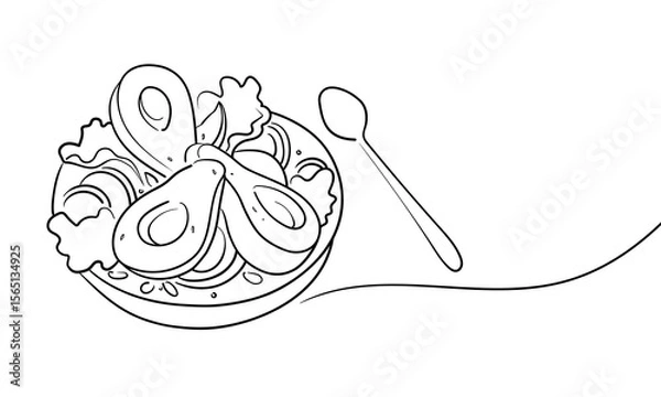 Fototapeta Vegetable avocado salad, continious line drawing. Helthy food outline. Vector illustration isolated on white background