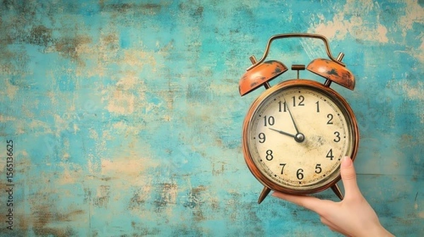 Fototapeta Retro alarm clock with hand and Hurry Up text on paper background in abstract style