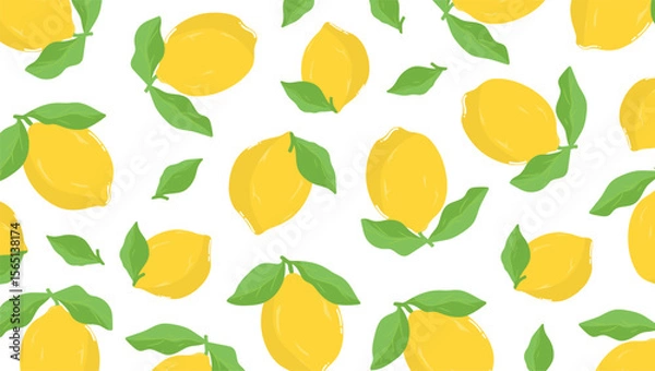 Fototapeta Seamless Lemon Pattern - Vector Illustration of Citrus Fruit with Leaves on White Background