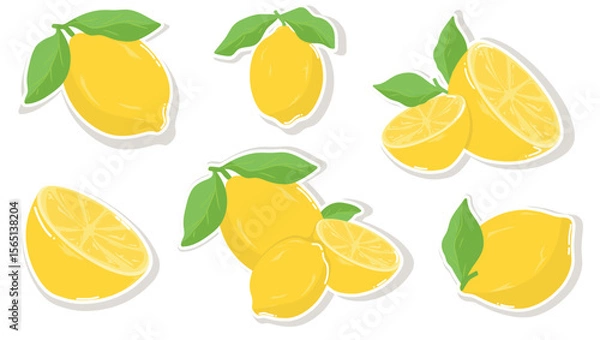 Fototapeta Lemon Sticker Set - Vector Illustration of Fresh Yellow Citrus Fruit with Green Leaves and Slices on White Background