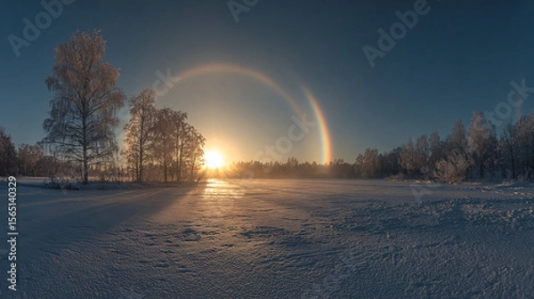 Fototapeta Misty Snowfield Sunrise with Bright Halo and Frosted Trees