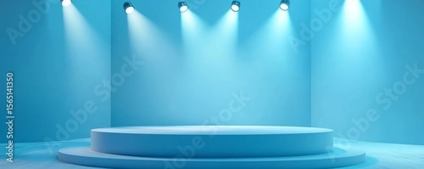 Fototapeta Minimalistic stage setup with spotlights on blue background, clean and modern design 3D Rendering