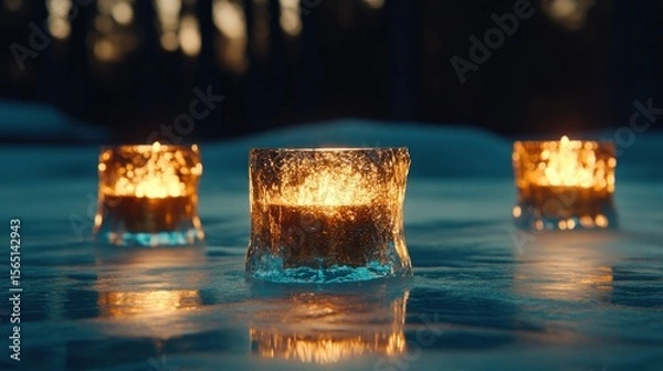 Fototapeta Three Ice Candle Holders Glowing Warmly on a Frozen Surface at Night