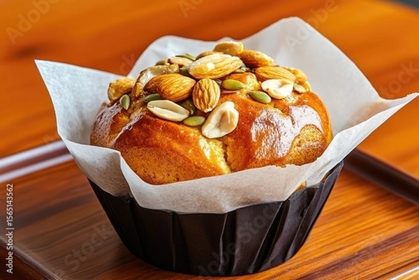 Fototapeta Close-up of a Deliciously Decorated Muffin with Nuts and Seeds