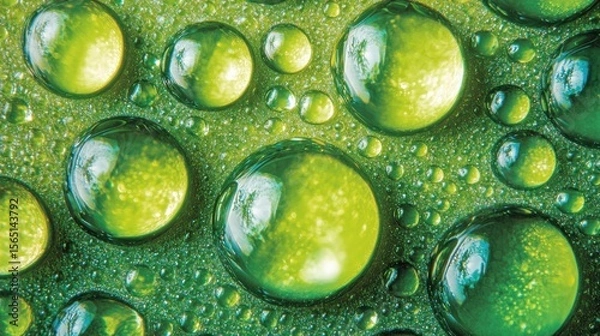 Fototapeta Emerald Dewdrops: Macro Photography of Vibrant Green Water Droplets on a Textured Surface