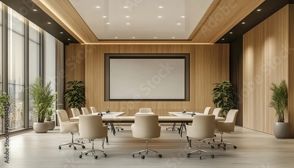 Fototapeta Modern conference room interior with a sleek desk, beige chairs, and a large presentation screen on a wooden floor background 3D Rendering