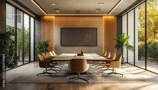 Fototapeta Modern conference room interior with a sleek desk, beige chairs, and a large presentation screen on a wooden floor background 3D Rendering