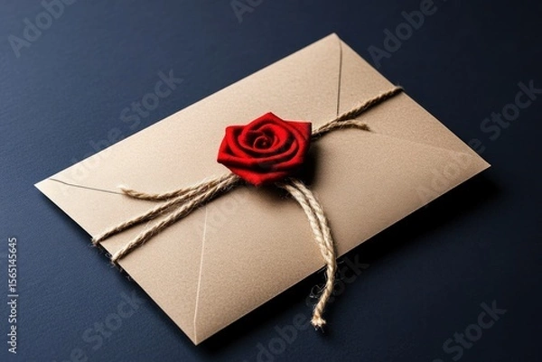 Fototapeta Romantic Envelope Sealed with Red Rose Wax Seal, Tied with Twine.