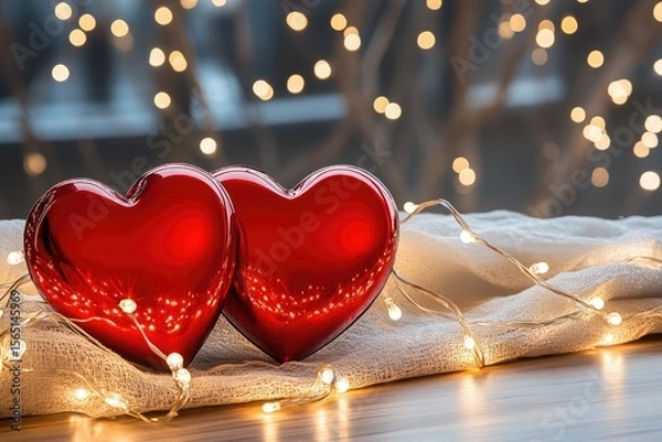 Fototapeta Two Glossy Red Hearts with Fairy Lights, Romantic Valentine's Day Bokeh.