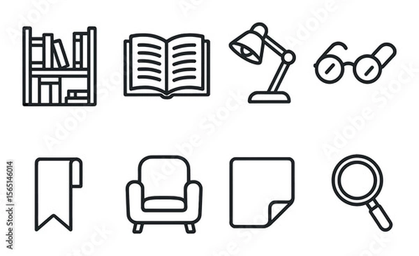 Fototapeta Library and reading icons set – outline, book, study and learning symbols