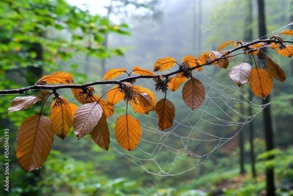 Fototapeta Autumnal Branch with Golden Leaves and Dew-Kissed Spiderweb in Misty Forest