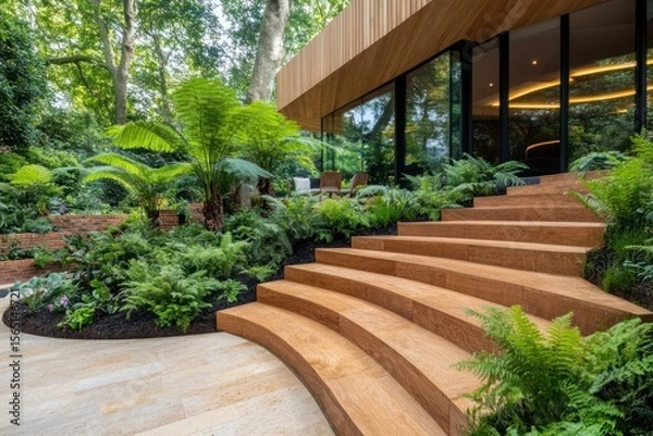 Fototapeta Modern Wood House with Curved Steps and Lush Greenery in a Tranquil Garden Setting