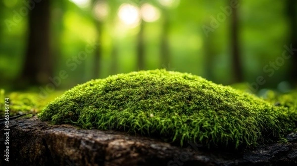 Fototapeta Lush Emerald Moss Mound on Forest Floor, Soft Sunlight Backlighting, Close-Up Macro Photography