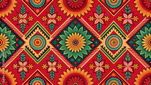 Fototapeta Red background, applied Thai fabric pattern, seamless pattern, designed for printing on fabric or wallpaper.