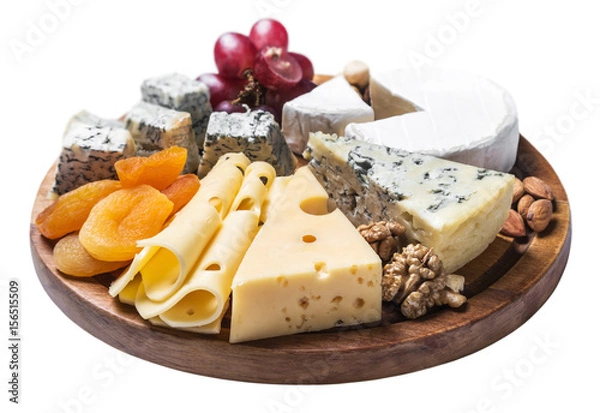 Obraz Assorted cheese with grapes and nuts isolated on white background