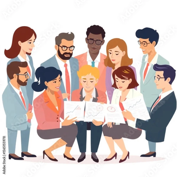 Fototapeta A group of nine staff are analyzing quarterly reports. They are dressed in business attire and seem engaged in the conversation.