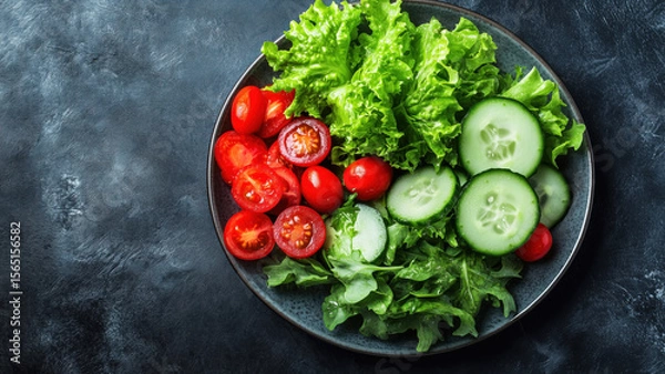 Fototapeta Fresh vegetable salad with sliced cucumbers, cherry tomatoes, and leafy greens on a dark plate over textured background. Healthy eating concept.