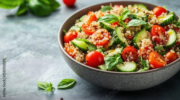 Fototapeta Quinoa salad with sliced cucumbers, cherry tomatoes, and fresh basil served in a rustic bowl on a textured surface. Colorful healthy meal.