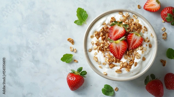 Fototapeta Bowl of creamy yogurt topped with crunchy granola and fresh strawberries on a light textured background. Healthy delicious breakfast.