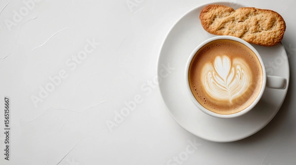 Fototapeta Cup of cappuccino with beautiful latte art served on a white plate with a biscuit over a textured white background. Minimalistic cozy coffee break.