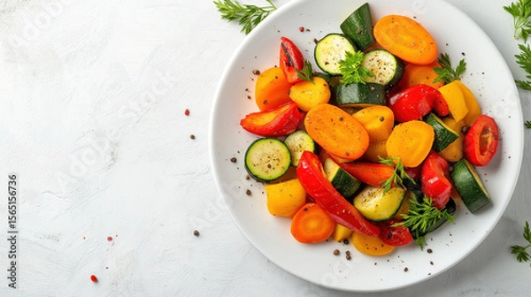 Fototapeta Colorful cooked vegetable mix with carrots, zucchini, and peppers on a white plate over a textured white background. Healthy vibrant meal.