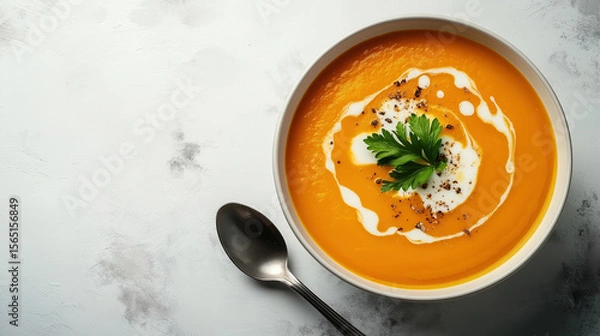 Fototapeta Bowl of creamy orange vegetable soup with garnish of cream and fresh herbs on a textured white background. Warm comforting homemade meal.