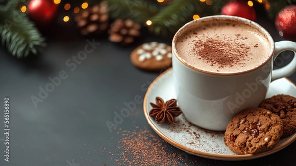 Fototapeta Christmas cup of hot chocolate with cocoa powder and cookies on a plate surrounded by festive decorations, pine branches, and warm holiday lights.