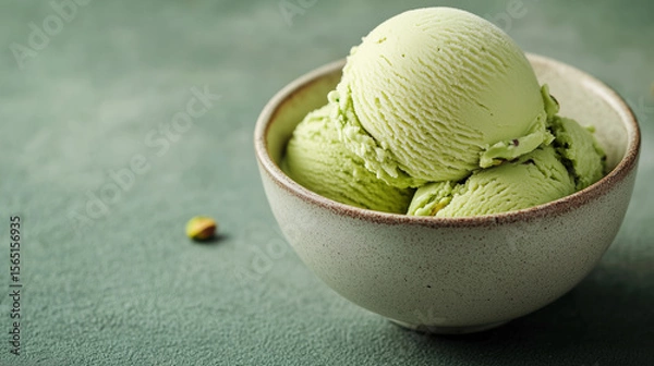 Fototapeta Green pistachio ice cream scoops in a ceramic bowl on a green textured surface. Delicious dessert with creamy texture. Sweet treat.