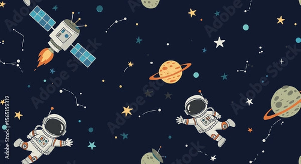Fototapeta A whimsical illustration showcases astronauts floating in space with planets, stars, and a satellite against a dark blue background, perfect for children's designs.