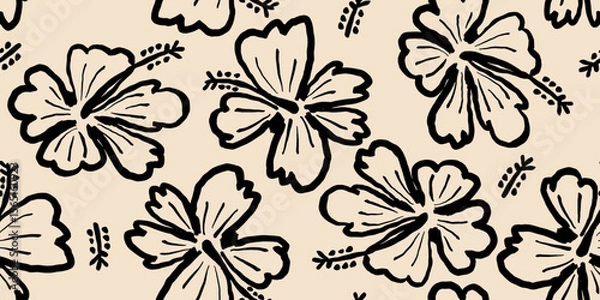 Fototapeta Hand drawn tropical flowers, seamless patterns with floral for fabric, textiles, clothing, wallpaper, cover, banner, interior decor, abstract backgrounds. vector illustration.