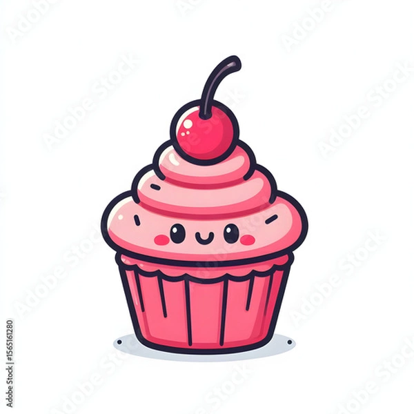 Fototapeta cartoon cupcake with pink frosting and cherry on top, minimal and cute style, white background

