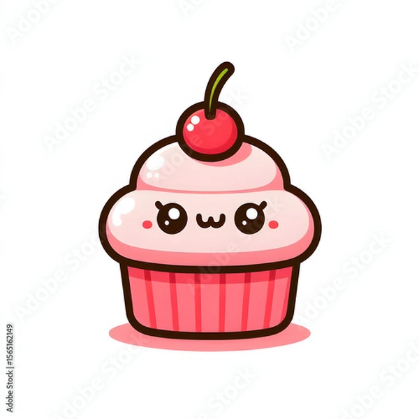 Fototapeta cartoon cupcake with pink frosting and cherry on top, minimal and cute style, white background

