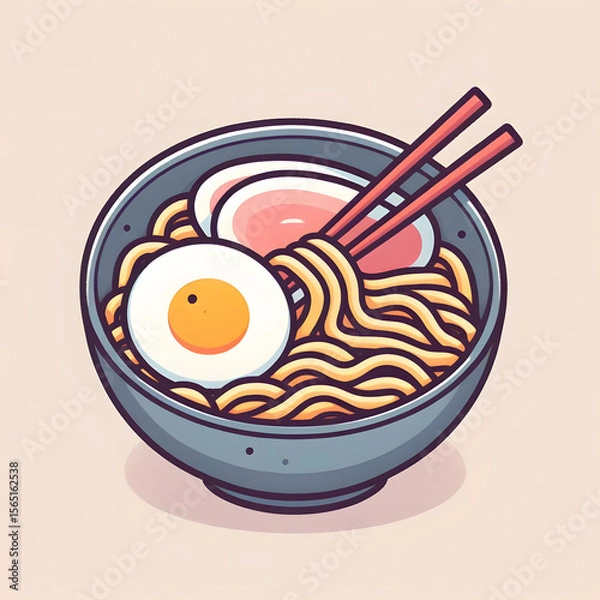 Fototapeta simple cartoon ramen bowl with soft pastel noodles and egg, minimal design


