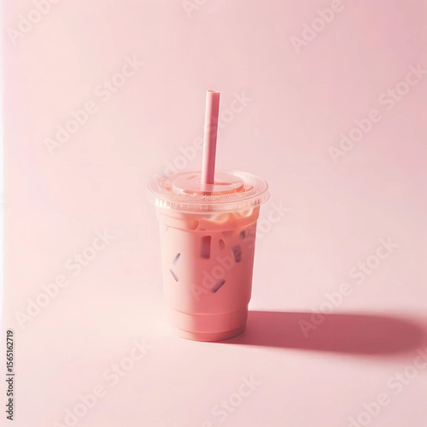 Fototapeta Iced pink milk.Cold sweet drink Red Grenadien Sugar Syrup mix with milk and iced cube in plastic glass isolated on white background with clipping path