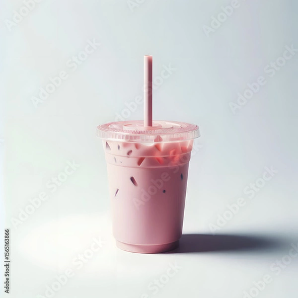 Fototapeta Iced pink milk.Cold sweet drink Red Grenadien Sugar Syrup mix with milk and iced cube in plastic glass isolated on white background with clipping path