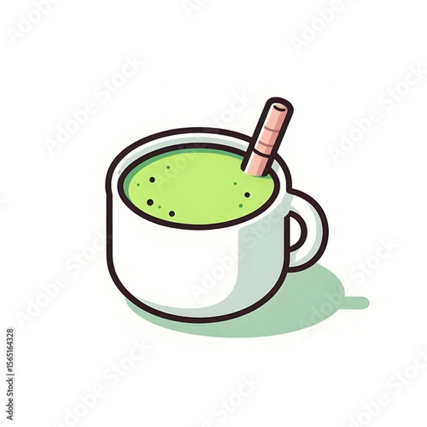 Fototapeta Japan matcha latte set. Flat cartoon illustration of matcha drinks. Matcha latte with foam art, heart, rabbit, flower. Green matcha in various cups.