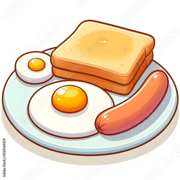 Fototapeta cartoon vector of fried egg, toast, and sausage on white plate, soft color, white background

