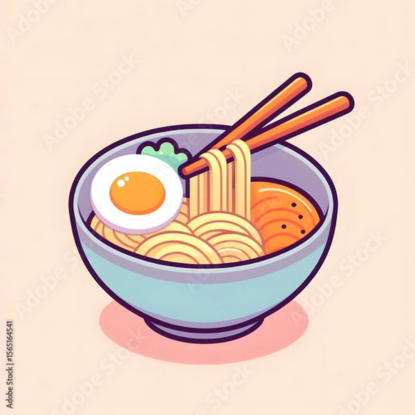 Fototapeta simple cartoon ramen bowl with soft pastel noodles and egg, minimal design


