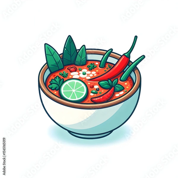 Fototapeta minimal cartoon bowl of tom yum with chili and herbs, clean design, white background


