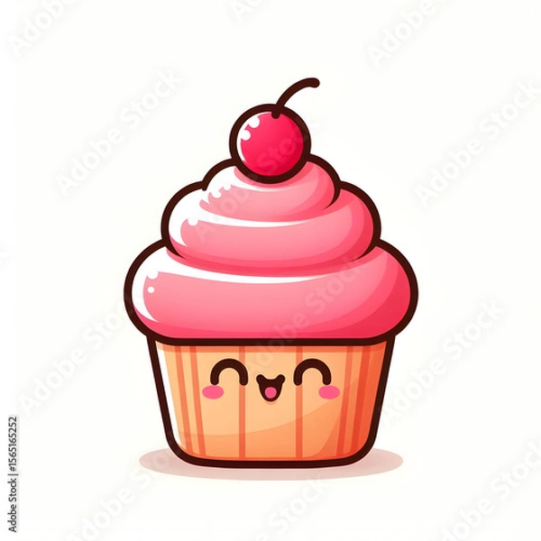 Fototapeta cartoon cupcake with pink frosting and cherry on top, minimal and cute style, white background

