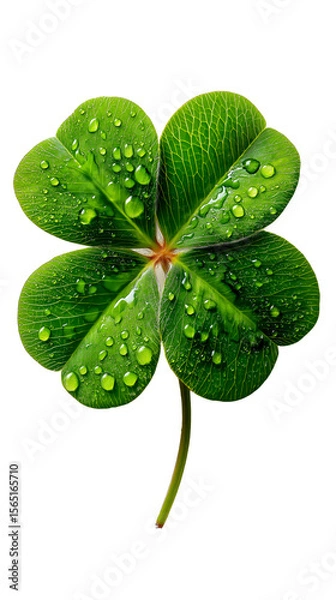 Obraz PNG of four-leaf clover with water droplets on green leaves and transparent background