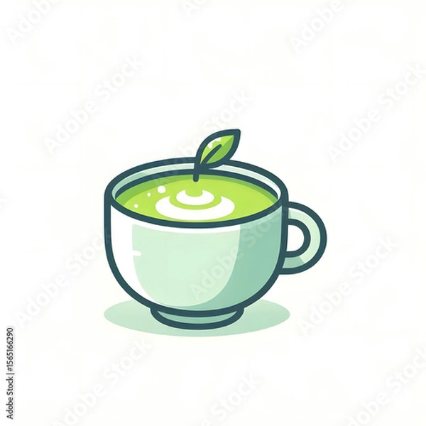 Fototapeta Japan matcha latte set. Flat cartoon illustration of matcha drinks. Matcha latte with foam art, heart, rabbit, flower. Green matcha in various cups.