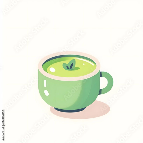 Fototapeta Japan matcha latte set. Flat cartoon illustration of matcha drinks. Matcha latte with foam art, heart, rabbit, flower. Green matcha in various cups.