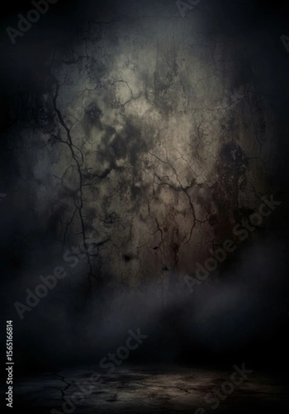 Fototapeta Dark Cracked Wall Background - Spooky, mysterious background featuring a dark, cracked wall with fog or smoke at the bottom. Perfect for horror, thriller, or mystery themes
