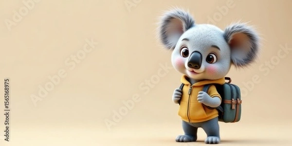 Fototapeta A cute cartoon koala wearing a yellow jacket and carrying a backpack stands against a plain background. The koala has large ears and a friendly expression.