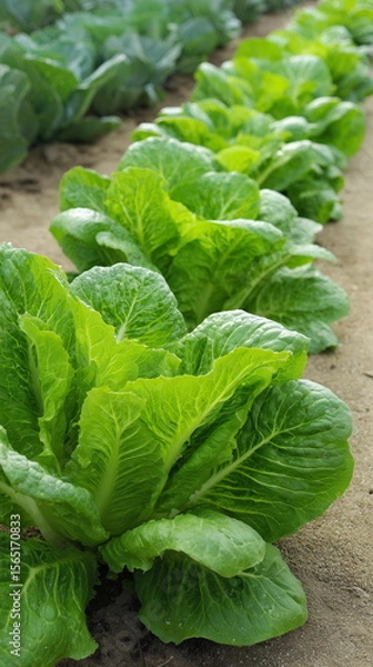 Obraz Green salad leaves on a bed in the ground. Bio vegetables, organic farming concept