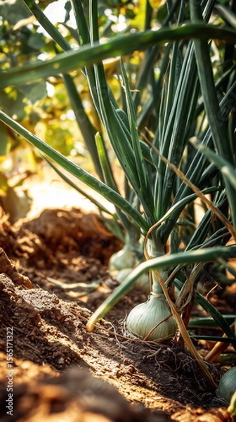 Obraz onion grows in the garden harvest