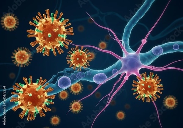 Obraz Illustration of virus cells and nerve cell, depicting viral infection of nervous system