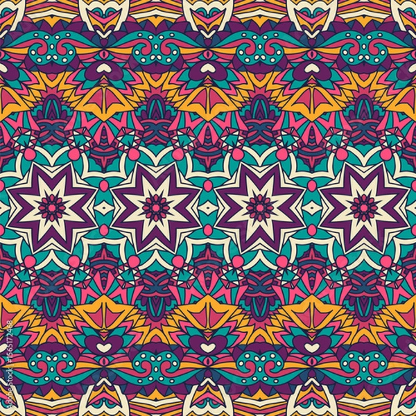 Fototapeta Abstract geometric stars doodle mandala art shapes seamless pattern ornamental. Textile tribal ethnic print vector hand drawn